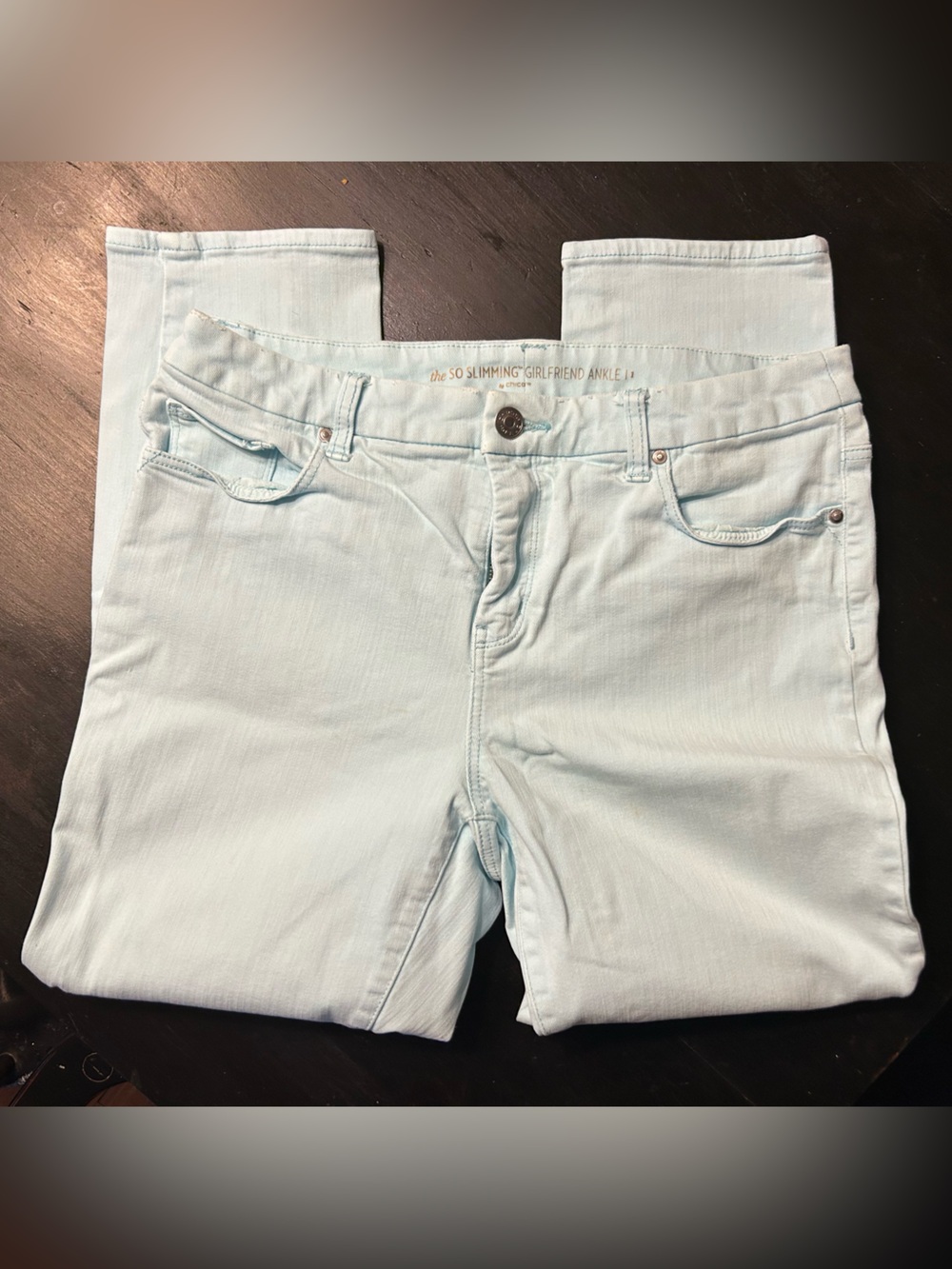 Chico's Pastel Blue Girlfriend Ankle Jeans Size 8